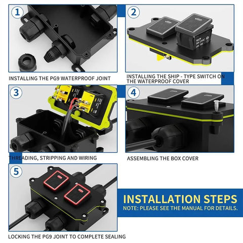 IP65 Waterproof Dual Light Switch Box Built To Endure Outdoors For 12V To 24V Systems, 30A DPST Toggle Switch, Four PG9 Cable Glands