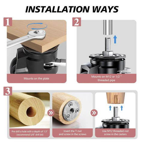 Installation steps for Leveling Casters Set Of 4 For Workbenches, Heavy Duty Stem Caster Wheels With T Nuts, Adjustable Retractable Swivel Industrial Castors With Ratchet Handle, Load Capacity 2200 Lbs, Stem Size Half Inch And M12 showing pipe mounting and T-nut insertion