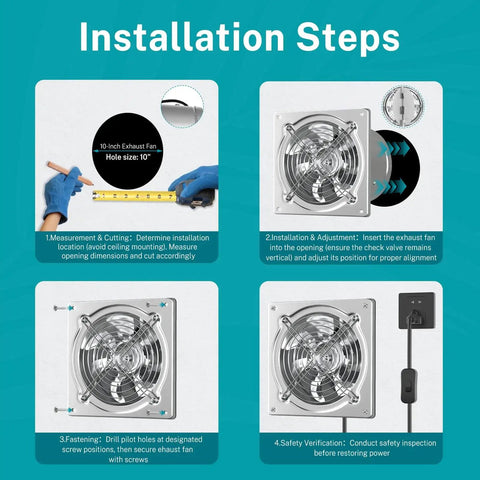 Installation steps for Beefy 10 Inch Metal Exhaust Fan With Switch And Damper 988 CFM Garage Ventilation Fan For Shop Shed