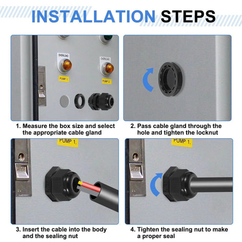 Installation steps for 2-Inch Nylon Cable Gland Waterproof Cord Grip Connector For Junction Box Adjustable 37–44mm Wire Grommet Protectors With Gaskets And Locknut Heavy-Duty NPT Sealing Black