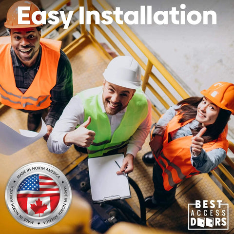 Group of construction workers smiling, showcasing easy installation in industrial setting, made in North America seal visible.