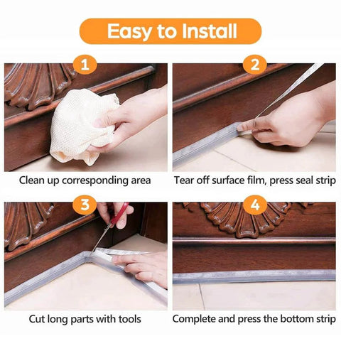 Step-by-step installation of 28.9 Ft Weather Stripping Door Seal Strip Tape, Silicone Draft Stopper on wooden door bottom.