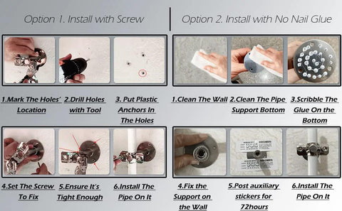 Beduan 3/4 in stainless steel pipe clamp for 19–21 mm pipe, wall/ceiling mount, screw or no-nail glue install options.