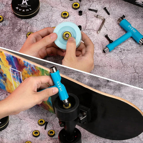 Installing ABEC 9 Ceramic Ball Bearings Kit for Skateboards with Titanium Coating, tools and spacers included
