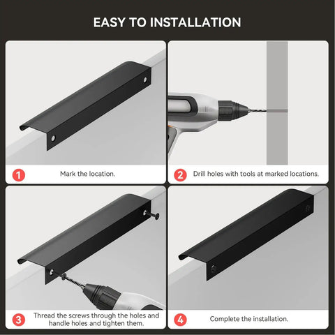 Installation steps for 10 Pack 5 Inch Black Cabinet Pulls Edge Finger Pulls for Cabinets and Dresser Drawers.