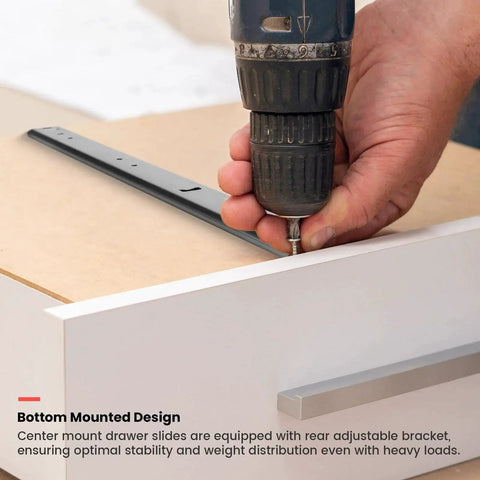 Installing Five Pack 16 Inch Heavy Duty Center Mounted Bottom Drawer Slides With Quiet Ball Bearings on cabinet