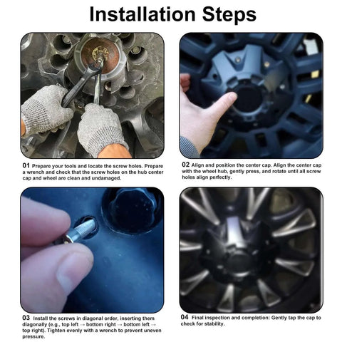 Installation steps of 12pcs Center Cap Screws with Adapter Tool for Fuel Wheel, demonstrating use on wheel hub model 1001-63-B.