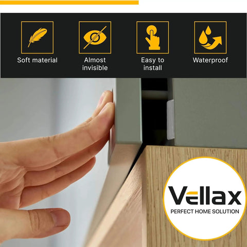 Person installing Clear Cabinet Bumper Pads Set With Self Adhesive Silicone Cushions for soft close on cabinet door.