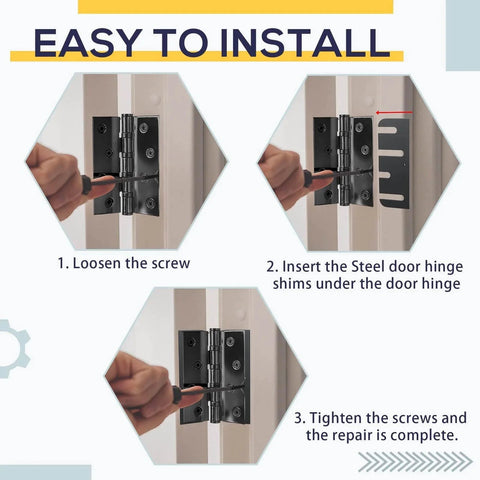 Installation process of 10 Pack Door Hinge Shims Stainless Steel With Durable Coated Finish For 4 Inch Hinge Shims Fits Most Common Door Hinges