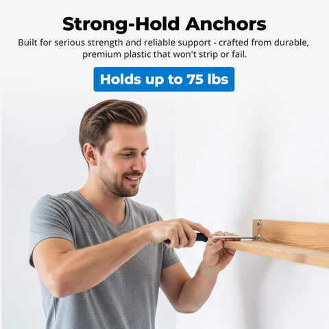 Person installing shelf using #8 Self Drilling Drywall Plastic Anchors with Screws, No Pre Drill Needed, Heavy Duty 75 lb Rating.