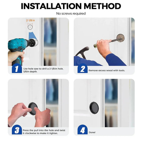 Installation steps for Eight Pack Closet Door Finger Pulls For Two And One Eighth Inch Holes Black Stainless Steel Sliding Door Hardware