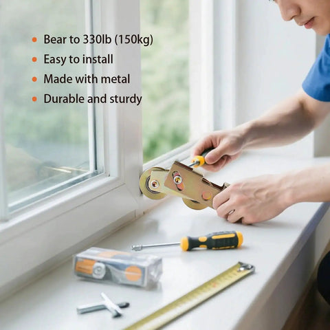 Installation of 2 Pcs Gold Sliding Door Rollers With 1-1/4 Inch Tandem Wheels, Heavy-Duty Steel Ball Bearings and Rear Adjustment