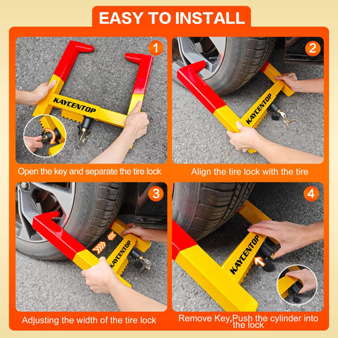 Heavy Duty Universal Wheel Lock Clamp With All Welded Steel Construction And Brass Lock Core Waterproof Cover, Anti Theft Tire Lock Deterrent, Adjustable 7.8 To 13.8 Inch Tire Width, Fits Cars SUVs Trailers Boats ATVs Motorcycles Golf Carts, 3 Keys, installation process illustration