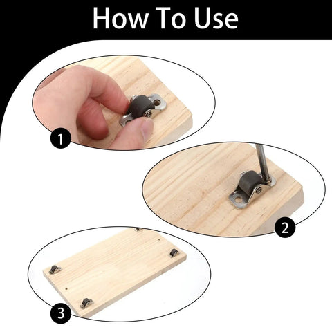Step-by-step installation of Eight Pcs Half Inch Mini Caster Wheels Low Profile Single Direction Rubber Rolling Wheels on wood.