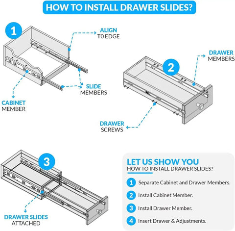 Diagram showing how to install 2 pack 16 inch drawer slides side mount rails heavy duty full extension ball bearing draw slides.