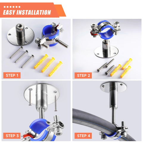 WYSIWYKA 6pcs pipe support kit, 304 stainless steel wall/ceiling mounts with blue clamps and screws