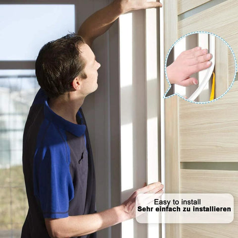 White D-type foam weather stripping tape installed on a door frame; self-adhesive, 32.8 ft length.