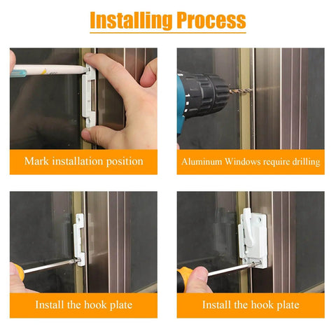 Installation process for 2 Pack Cam Action Window Sash Locks For Double Hung Windows White Sash Locks With Center Hole Spacing Rust Resistant Zinc Alloy Construction Ideal For Vertical And Horizontal Sliding Windows showing marking, drilling, and installation steps.