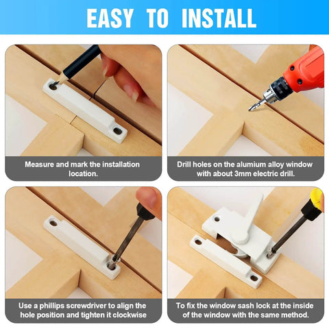 Installation guide for Cam Action Hook Window Sash Locks 10 Pack White Diecast Window Latches With Keeper For Sliding And Double Hung Windows Replacement Hardware Durable Easy Install Secure Locking System showing marking, drilling, screwing, and fixing steps on a wooden window frame.