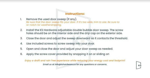 Installation instructions for Adjustable Double Bubble Door Sweep, Draft Stopper, Under Door Seal for Exterior Doors, 1 3/4" x 36", White (36 inch).