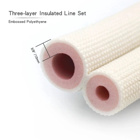 Close-up of 16 Ft Mini Split Line Set with 3/8 in OD copper tubing, thickened white PE insulated coil, for mini split air conditioner system.