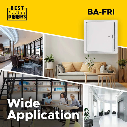 Collage showcasing 18x18 Insulated Fire Rated Metal Access Door With Flange, different applications in interiors.