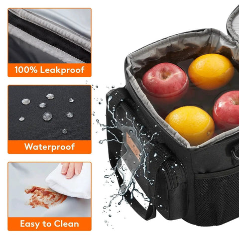 This 9L insulated lunch bag keeps meals fresh and portable with space for 12 cans, a water resistant 600D exterior, and a soft cooler design.
