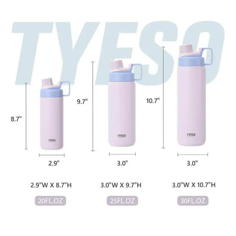 Size comparison of insulated stainless steel water bottles with spout lids and easy grip handles in 20oz, 25oz, and 30oz sizes.