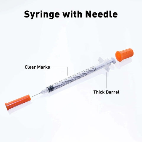 Insulin Syringe 1 Milliliter 31G 5 Sixteenth Inch Disposable 20 Count Packaged With Clear Markings And Smooth Plunger, labeled diagram