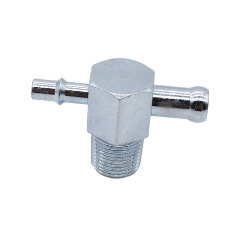 Metal vacuum T-fitting for intake manifolds with 3/8in NPT bottom thread and side 1/4in and 3/8in nipples, zinc finish
