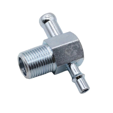 Intake manifold vacuum T fitting, zinc-plated steel, 3/8in NPT thread with 1/4in and 3/8in nipples