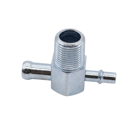Intake manifold vacuum T-fitting, zinc-plated steel, 3/8 in NPT thread with 1/4 in and 3/8 in hose barbs.