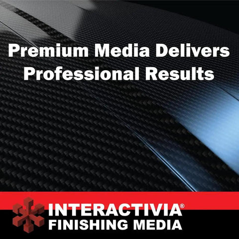 Carbon fiber texture with 'Premium Media Delivers Professional Results' and 'Interactiva Finishing Media' text overlay.