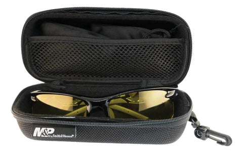 Harrier Interchangeable Shooting Glasses With 4 Lens Sets And Anti Fog Lenses in black zippered case, yellow lens