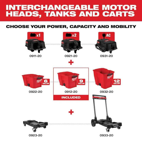 Interchangeable motor heads, tanks, and carts for 9 Gallon Wet Dry Vacuum Tank For Heavy Duty Cleanup with easy carry grips.