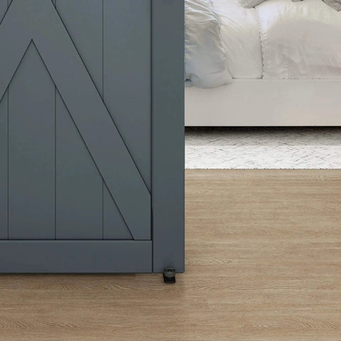 Interior Sliding Barn Door Hardware Double Floor Guide One And Three Quarters Inches Matte Black For Use With Interior Barn Door Kits Keeps The Door From Swinging On The Track All Metal Construction Includes All Parts And Accessories installed on wooden floor