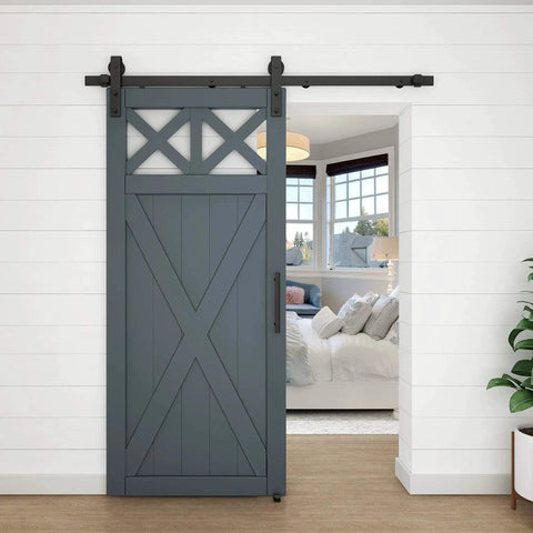 Interior Sliding Barn Door Hardware Double Floor Guide One And Three Quarters Inches Matte Black installed in a room