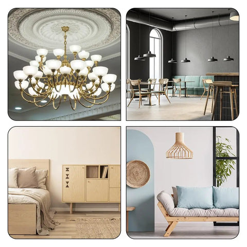 Collage of four interior settings with various lighting and furniture, including a chandelier, modern dining area, bedroom, and living room.