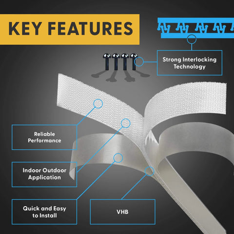 Key features of Clear 10Ft Indoor Outdoor Adhesive Mounting Tape With Self Mating Reclosable Fasteners No Drilling Required Cut To Size