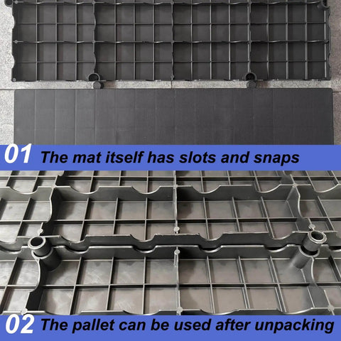 Six Piece Black Plastic Pallet Set With Interlocking Design For Easy Stacking Moisture Proof And Waterproof Floor Pads