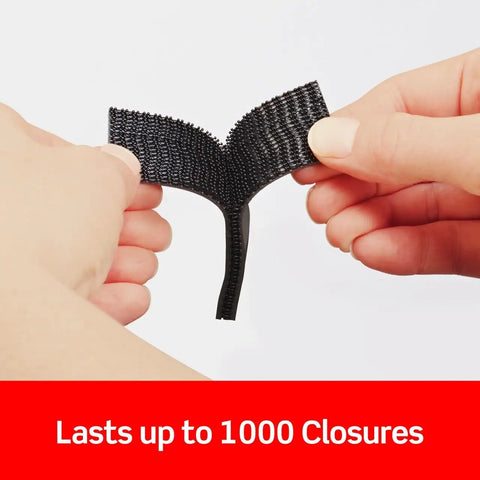 Hands holding Extreme Interlocking Fasteners That Bond On Contact, 4 Strips 1 Inch By 3 Inches, reclosable dual lock