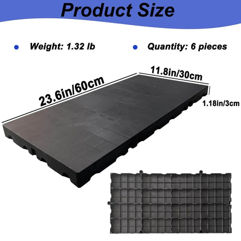 Six Piece Black Plastic Pallet Set With Interlocking Design For Easy Stacking Moisture Proof And Waterproof Floor Pads for Indoor and Outdoor Use In Garages Kitchens And Basements Sized 11.8 X 23.6 X 1.18 Inches Durable HDPE