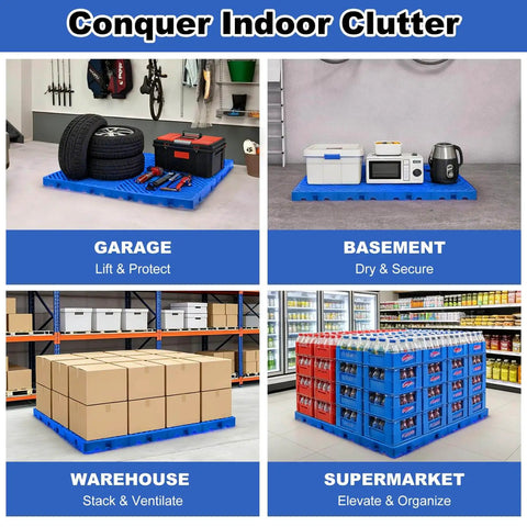 Interlocking 4 Pack Plastic Pallets with Buckle Lock System for Basement Storage, Moisture Proof and Breathable Grid in use in various settings