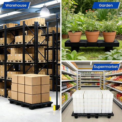 8 Pack Raised Plastic Pallets With Breathable Grid For Basement Storage Kitchen And Supermarket Use Interlocking Nestable Lightweight Moisture Resistant Floor Pallets 19.6 X 11.8 X 4.9 Inch Black in different settings: warehouse, garden, supermarket.