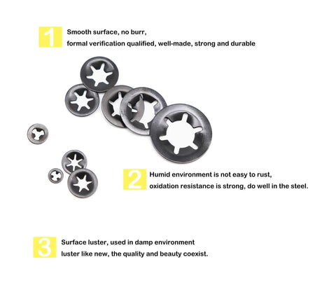 Internal Tooth Lock Washers Set 9 Sizes M2 To M12, 260 Pcs Black 65Mn Steel displayed on white background