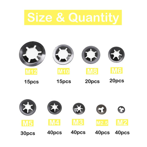 Internal Tooth Lock Washers Set 9 Sizes M2 To M12, 260 Pcs Black 65Mn Steel showing size and quantity distribution.