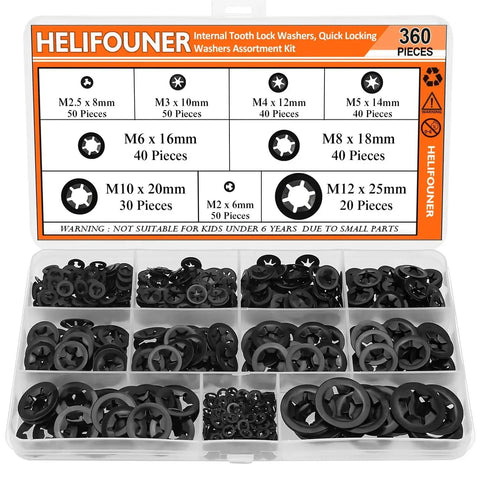 Internal Tooth Star Lock Washers Set 360 Pieces In 9 Sizes Assortment Kit, open box showing various sizes from M2 to M12