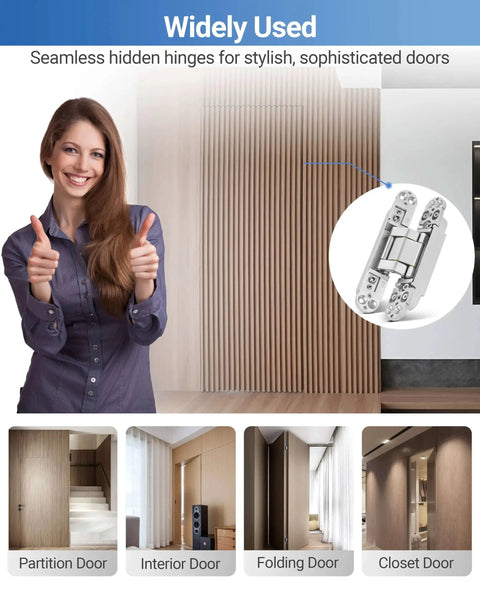 Image of Invisible Door Hinges Set 4 Pack 6 Inch Silver Concealed Hinges showing usage in partition and interior doors.