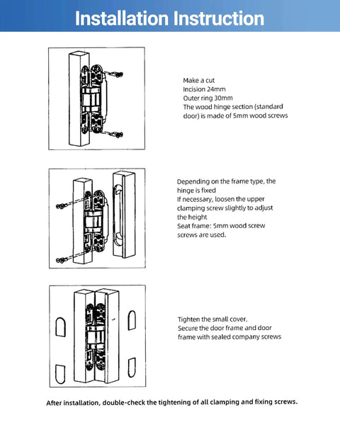 Tutorial diagram for installing Invisible Door Hinges Set 4 Pack 6 Inch Silver Concealed Hinges For Doors with 3-way adjustability.