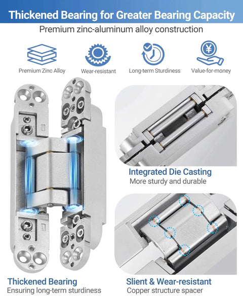 Invisible Door Hinges 2 Pack 6 Inch Silver Hidden Hinges with 3 Way Adjustable and 180 Degree Swing, showcasing zinc alloy construction.